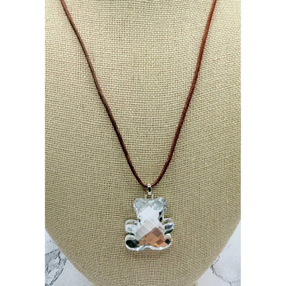 Swarovski Crystal Teddy Bear Necklace Brown Cord Silver Tone Swan Signed 18"